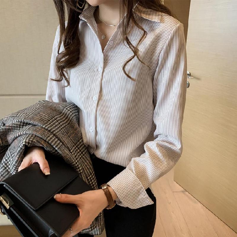 

Women's Blouses Office Blouse Lapel Long Sleeves Buttons Placket Women Shirt Autumn Vertical Striped Print Cardigan Female Streetwear, Khaki