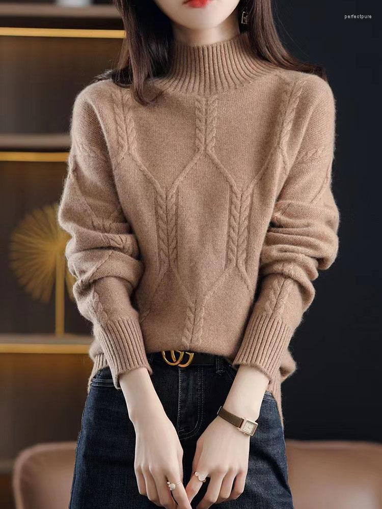 

Women's Sweaters Vintage Linen Knitting Sweater Women's Solid Color Autumn Winter Half High Neck Pullover Loose Thickened Soft Top, Pink