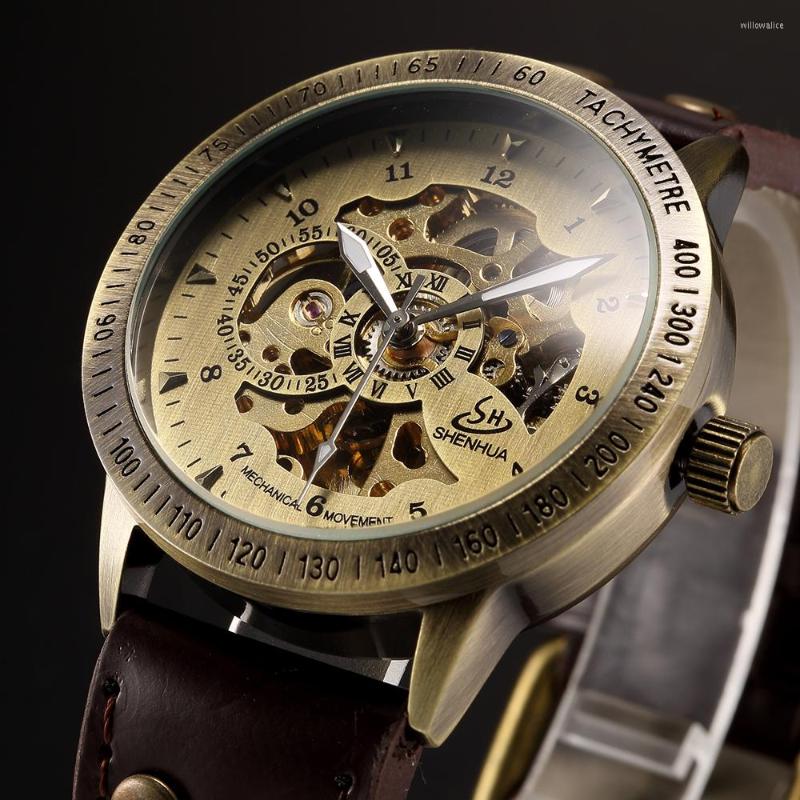 

Wristwatches SHENHUA Erkek Kol Saati Retro Bronze Skeleton Steampunk Mechanical Male Wrist Watch Leather Belt Automatic Men's Wristwatch, Brown