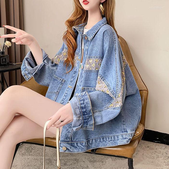 

Women' Jackets All Match Women Denim Coat Fashion Jean Jacket Loose Casual Paillette Long Female Tops Spring And Autumn 2023 Q386, Black