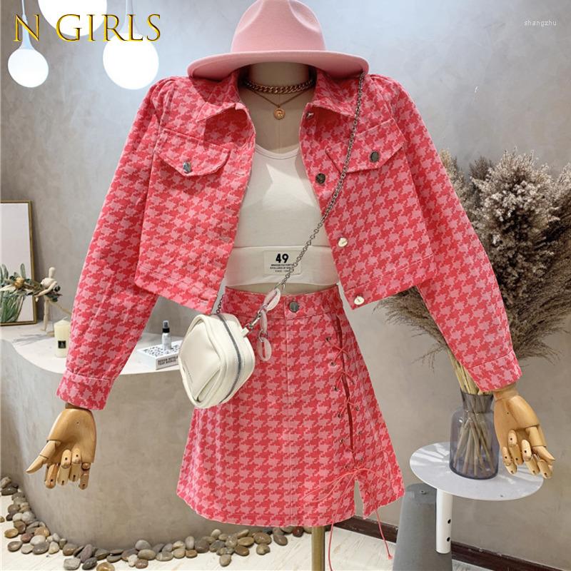 

Work Dresses N GIRLS Fall Fashion Houndstooth Cowboy Two Piece Set Women Denim Crop Top Short Jacket Coat Bandage Skirt 2 Suits, Blue
