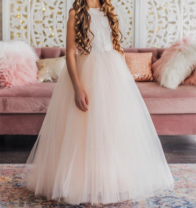 

Girl Dresses Flower Dress For Wedding Jewel Neck Sleeveless Tulle Lace Applique Ruched Girl's Birthday Party Gown, White