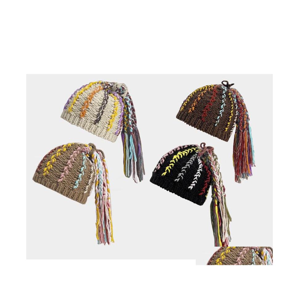 

Beanie/Skull Caps Winter Warm Womens Knitted Hat Sweet Cool Colorf Tail Braid Wool Cap Hats Drop Delivery Fashion Accessories Scarves Dhxvg, Khaki