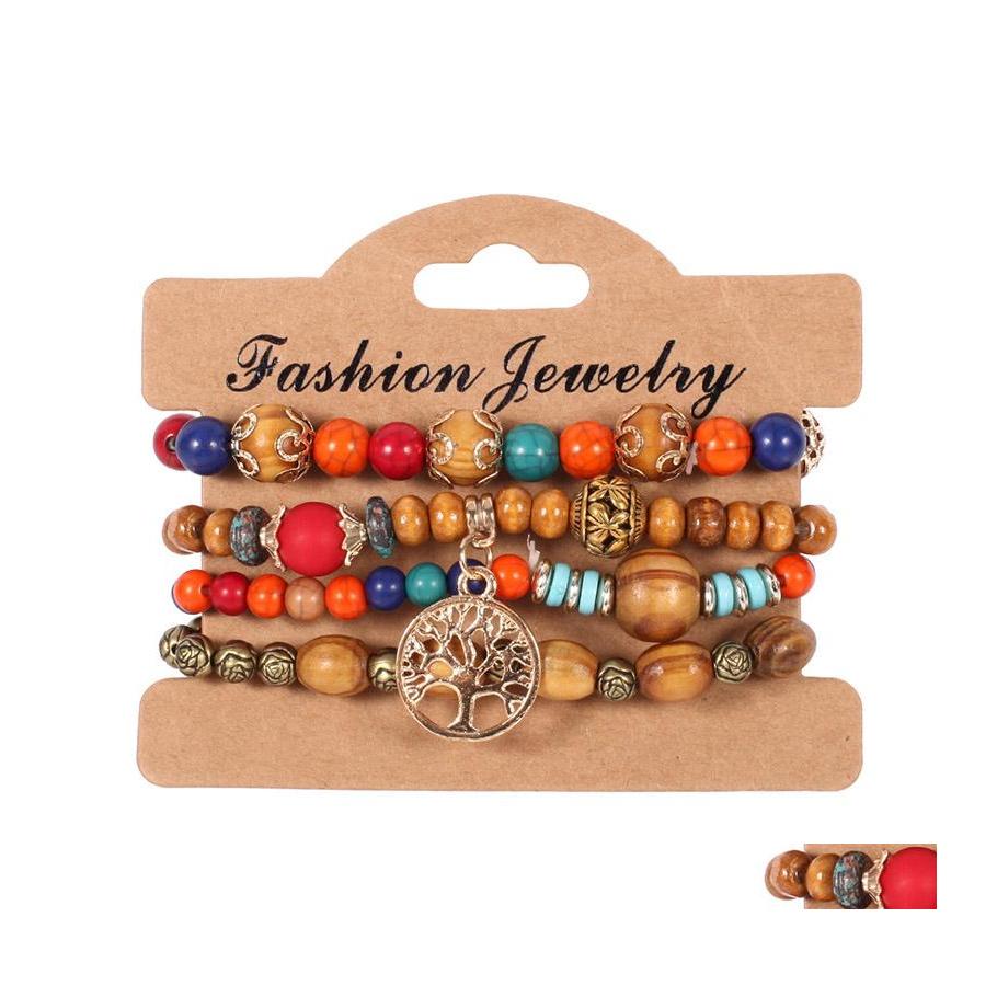 

Beaded Strands 4Pcs/Lot Vintage Tree Of Life Charm Bracelets Set For Women Wooden Wood Beads Elasticity Chains Bangle Fashion Bohem Otqdn