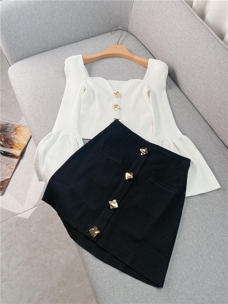 

Work Dresses Square Neck Flared Sleeve Knitted Skirt Suit 2023 Autumn And Winter Commuter Top Women, White skirt