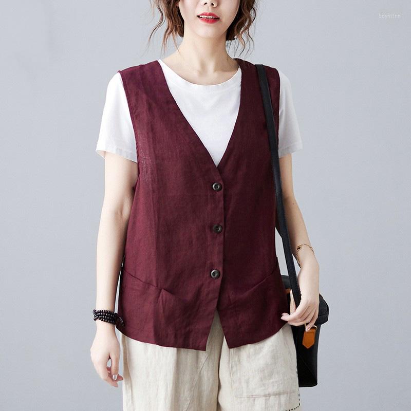 

Women's Vests Spring Summer Women Casual Jackets Vintage Style V-neck Solid Color Single Breasted Loose Female Vest Coats Balonimo, Beige