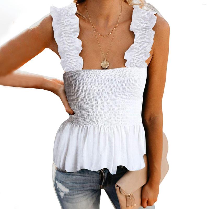 

Women's Tanks Summer Elastic Waist White Tank Tops Women Square Collar Solid Knit Casual Basic Ribbed Slim Ruffles Plus Size, Blue