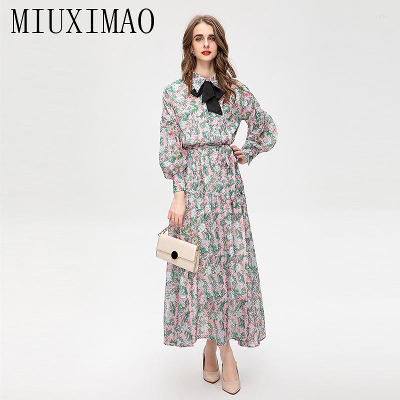 

Casual Dresses MIUXIMAO 2023 High Quality Spring&Summer Elegant Dress Long Sleeve Lapel Bow Chiffon Print Fashion Women Vestide, Blue