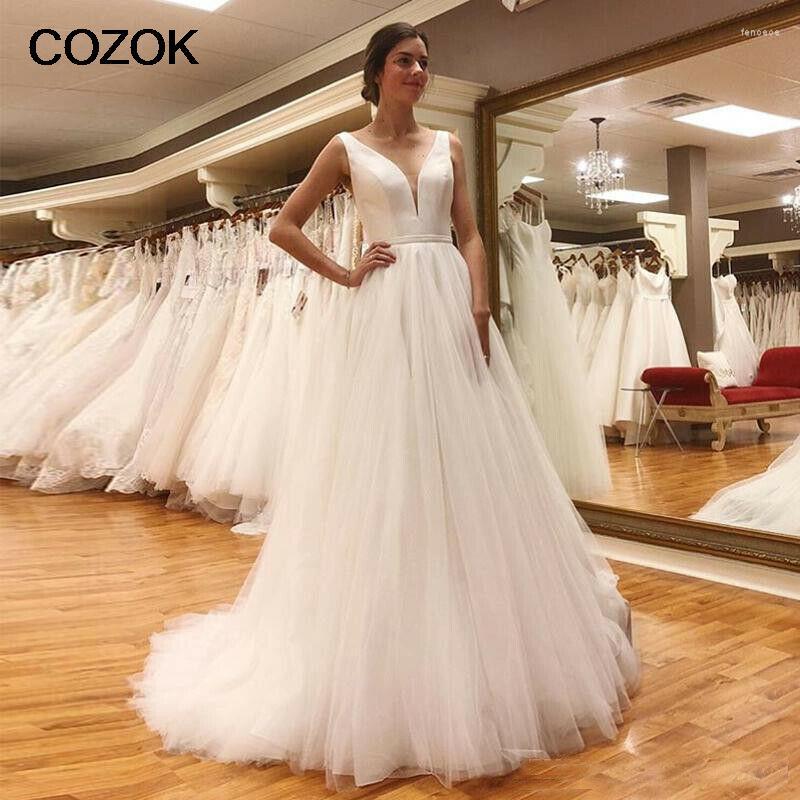 

Wedding Dress Robe De Mariee Elegant A-Line Sexy V Neck Tulle Beach 2023 Backless Satin Bridal Gown Vestido Noiva, White
