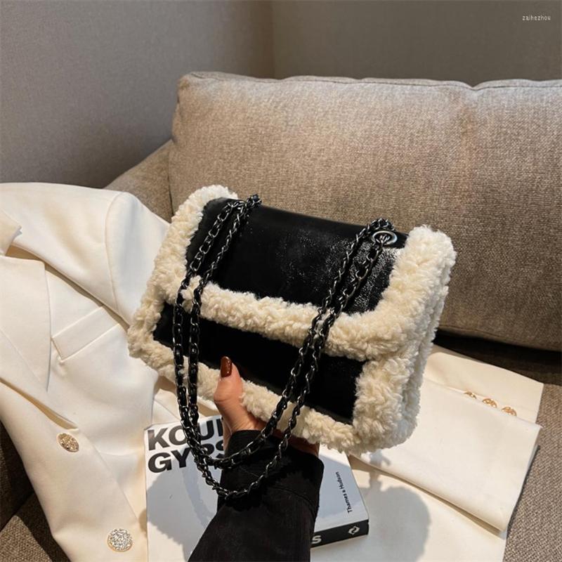 

Evening Bags Retro Messenger Handbags Women Faux Suede Shopping Tote Fleece Flap Designer PU Splicing Vintage Street Satchel For Lady Girl, Black