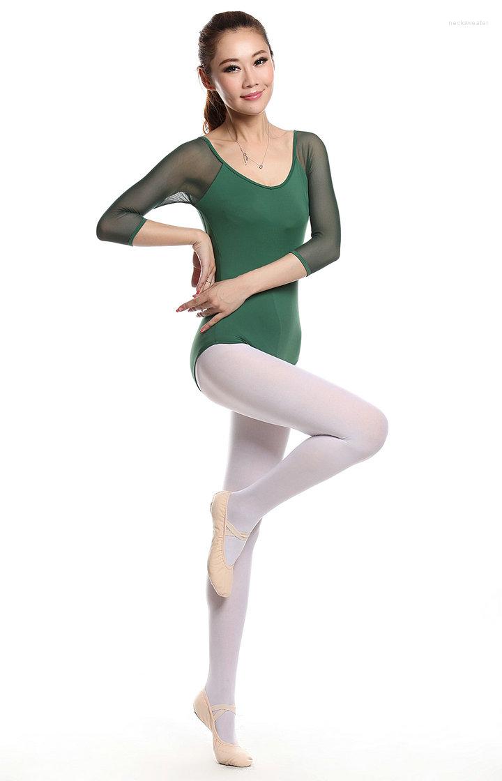 

Stage Wear Adult Gymnastics Leotard Black Mesh Three Quarter Sleeve Ballet Leotards For Women Dance Can Insert Pad, Picture shown