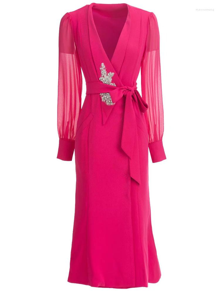 

Casual Dresses Spring Summer High Quality Designer Women Vintage Elegant Fashion Office Celebrity Party Mesh Long Sleeve Midi Dress, Rose red