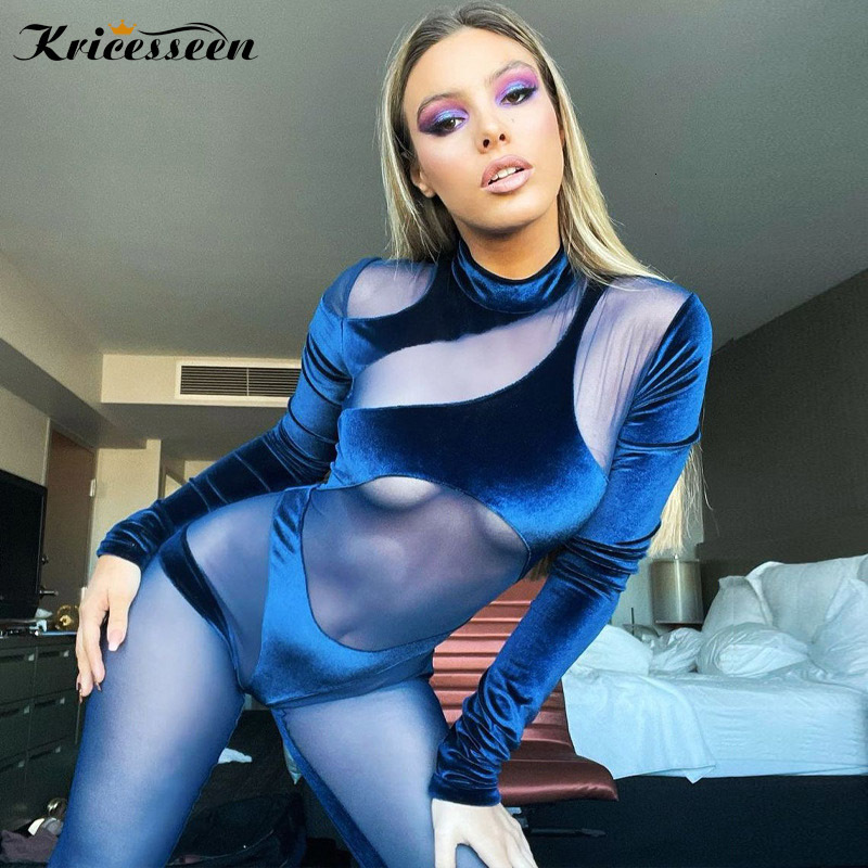 

Women' Jumpsuits Rompers Kricesseen Sexy Blue Velvet Mesh Patchwork Skinny Long Pant Jumpsuit Women Sheer Rompers Clubwear Overalls Birthday Outfits 230203