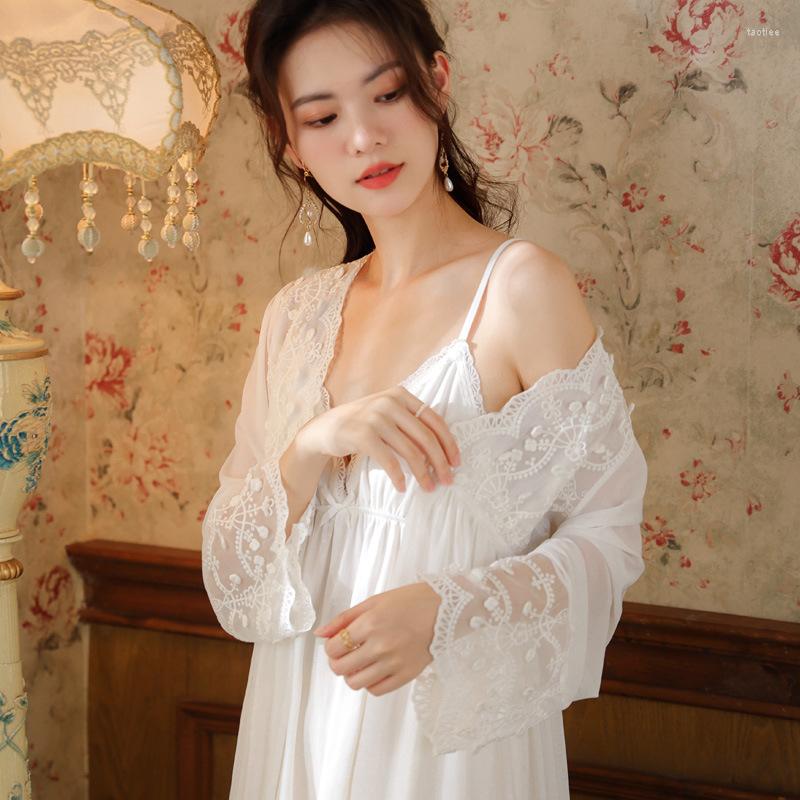 

Women's Sleepwear Long Sleeved Nightgown Women's Autumn Sling Skirt 2Pcs Set Court Style Mesh Sexy Nightdress Charming Home Clothes Gown, White
