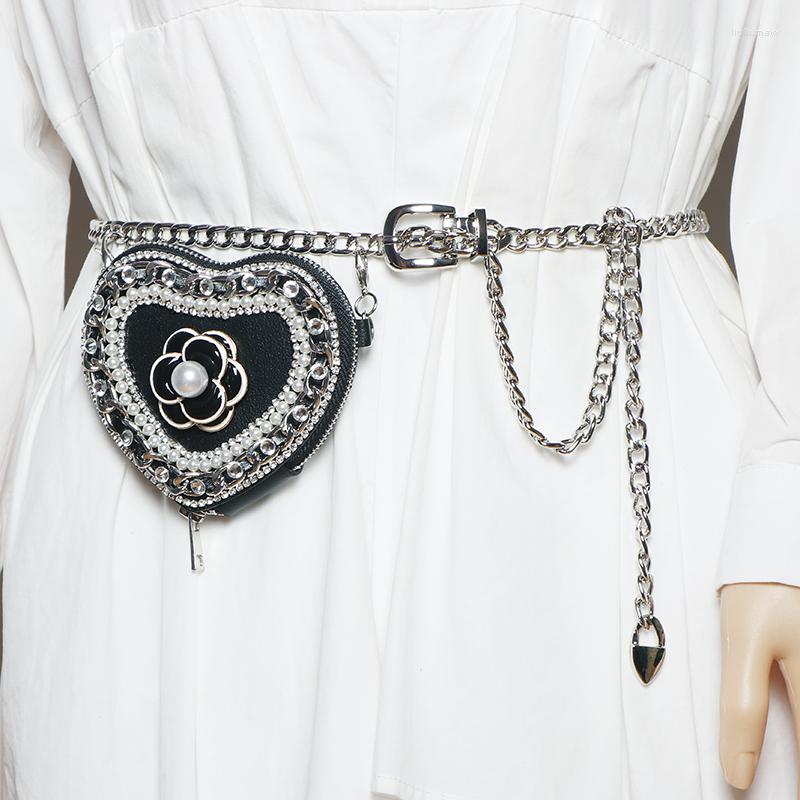 

Waist Bags 2023 Handmade Pearl Chain Rhinestone PU Heart Packs Women Cute Mini Fanny Metal Belt With Coin Bag