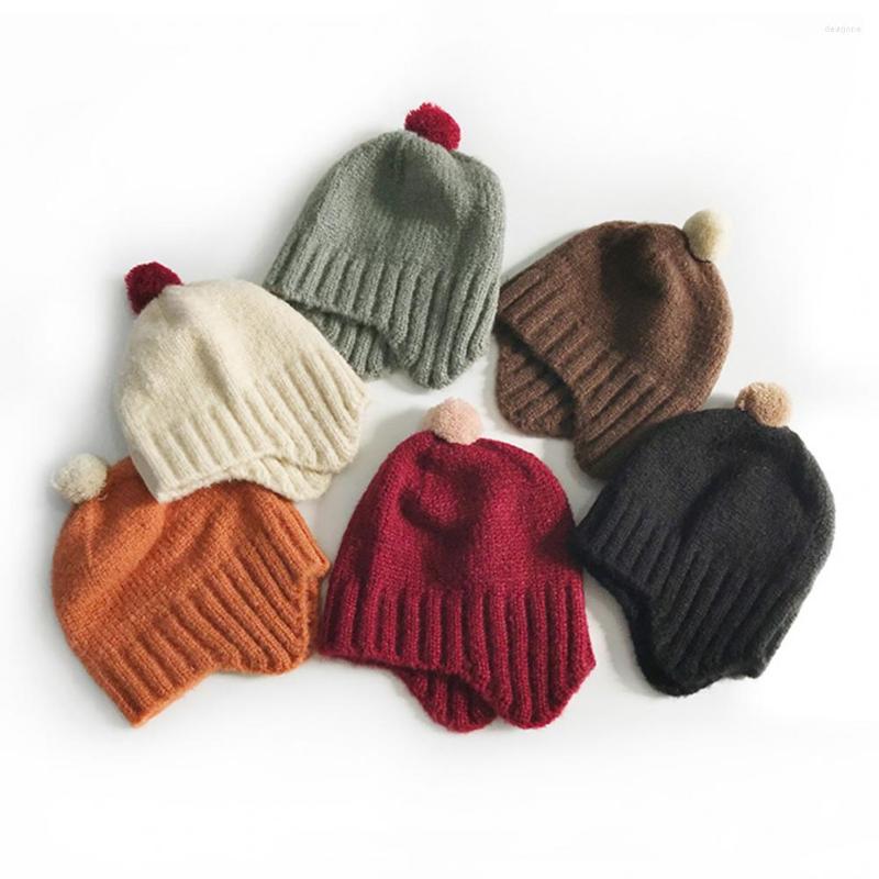

Hats 1-6 Years Boys Hat Knitted Solid Color Autumn Winter Plush Ball Ear Flap Kids For Daily Wear, Beige