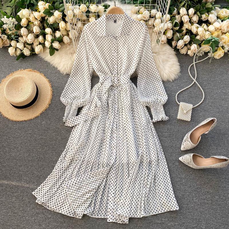 

Casual Dresses Vintage Purple/White Polka Dot Chiffon Long Dress Spring Autumn Lantern Sleeve High Waist Pleated Maxi Robe Female 2023, Black