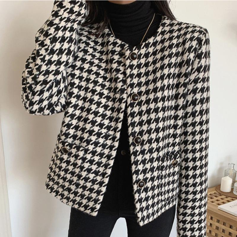 

Women' Jackets 2023 FashionVintage Women Houndstooth Plaid Short Single-breasted Female Blazer Jacket Long Sleeve Pockets Coats, White