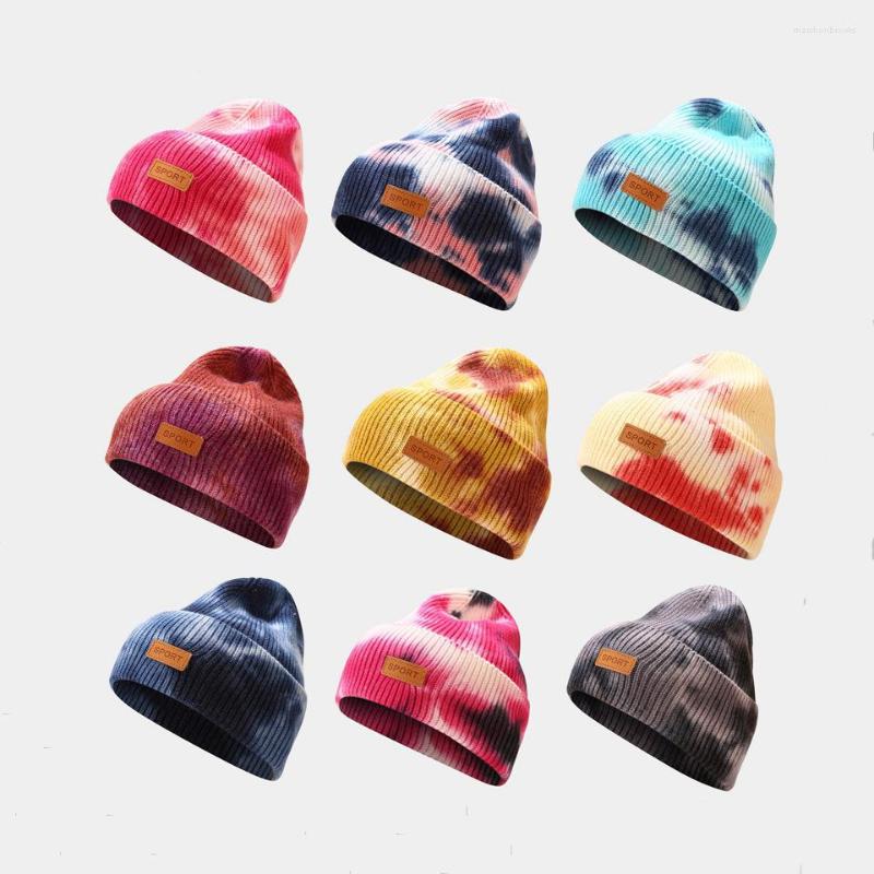 

Berets 2023 Winter Tie-dye Leather Label Knitted Wool Beanie Warm Men's Hat Gorras Hombre Women