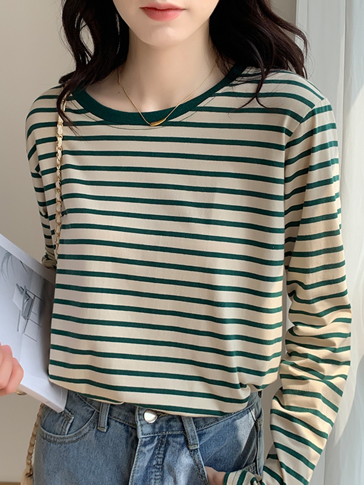 

Women' T-Shirt Autumn T-Shirt Woman Korea Loose Cotton T Shirt Women Casual Top Tee Green Black Striped Long Sleeve Tshirt Basic Winter 230203, Light green striped
