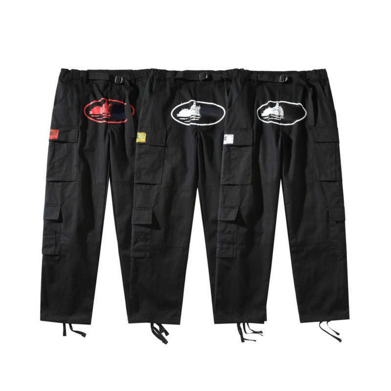 

Designer pants American style multi-pocket printed overalls men women black loose trousers straight leggings slacks, White print yellow label