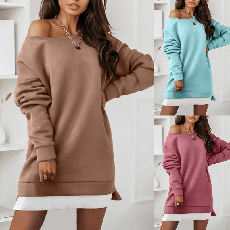 

Casual Dresses Womens Sweatershirts Long Sleeve Off The Shoulder Lightweight Oversized Solid Color Midi Pullover Dress, Blue