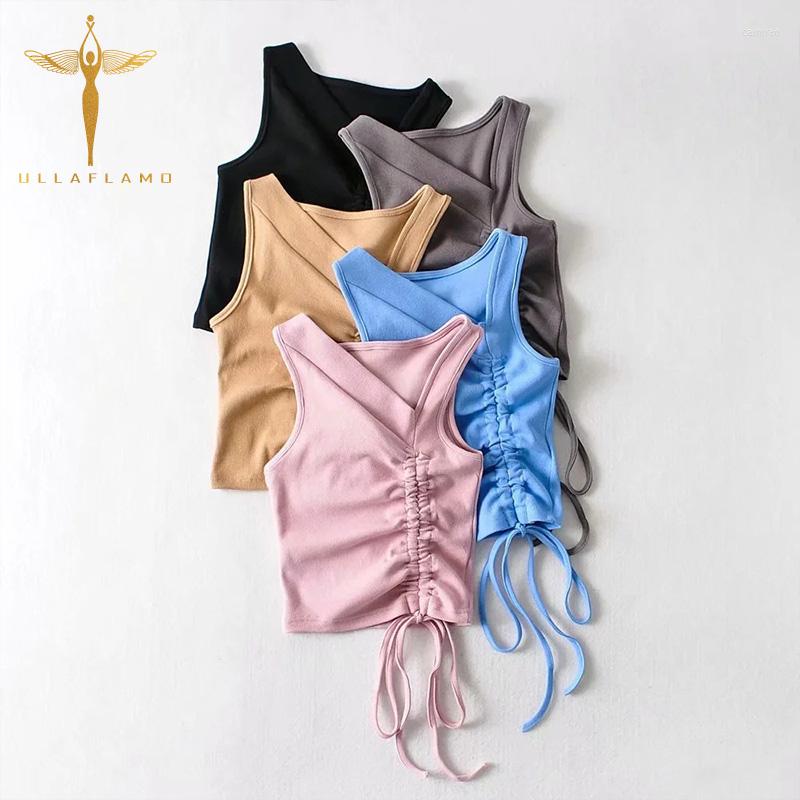 

Women's Tanks Summer Shirring Skinny Tank Tops Womens Clothes Irregular Collar Crop Top Streetwear Elastic Knitwear Lace-Up Vest Mujer, Black