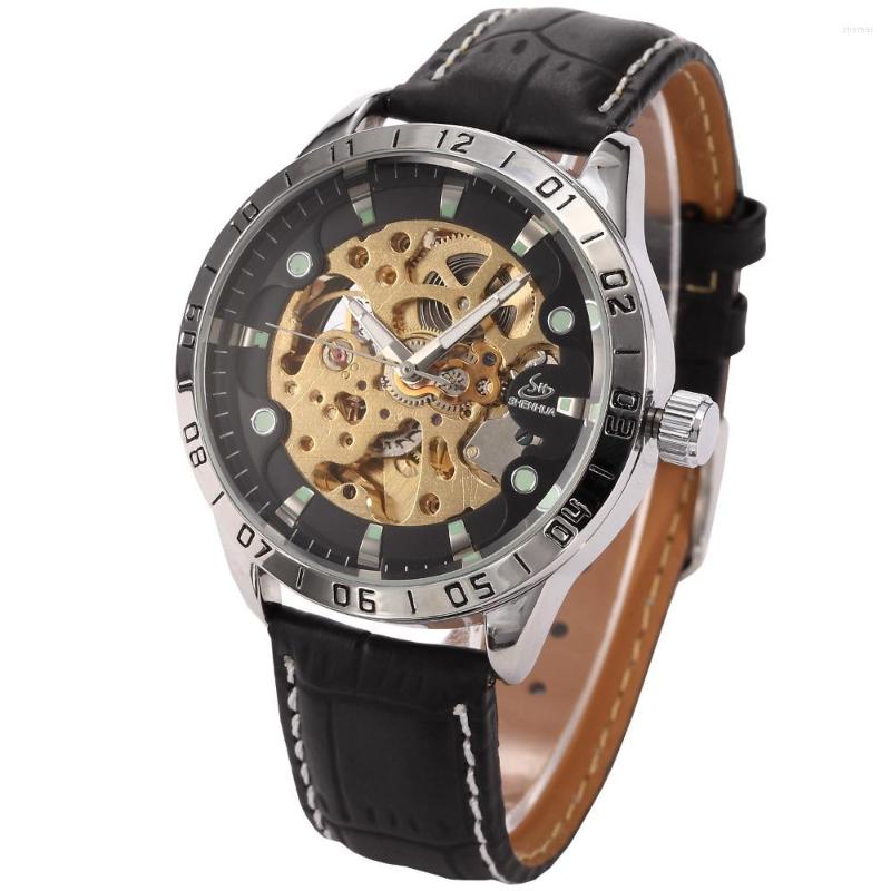

Wristwatches SHENHUA Top Brand Men Automatic Mechanical Leather Band Skeleton Luminous Hands Men's Watches Relogio Masculino