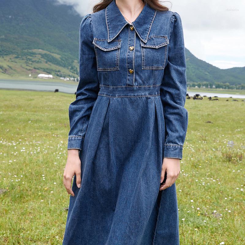 

Casual Dresses Vintage Long Denim Dress 2023 Women' Spring Autumn Turn Down Collar Midi Jeans Shirt, Royal blue