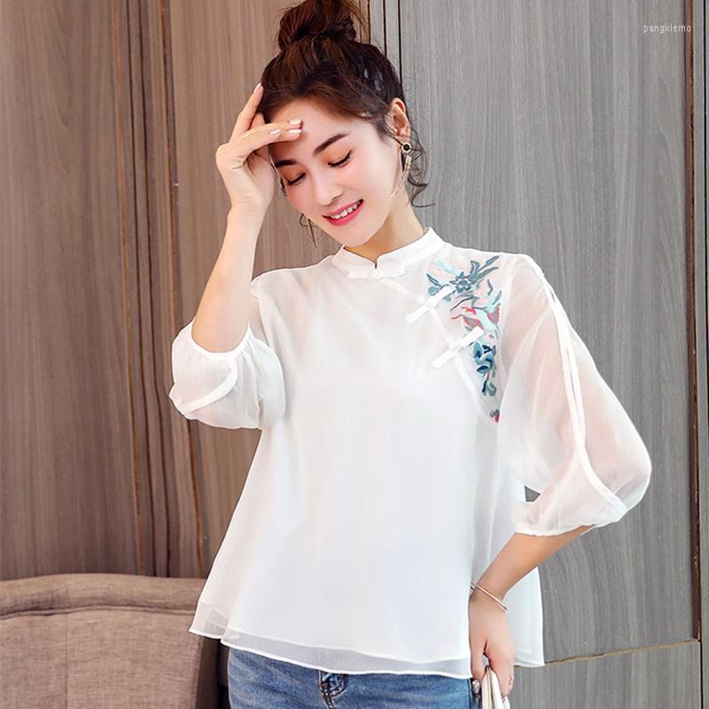 

Ethnic Clothing 2023 Summer Chinese Traditional Cheongsam Tops For Women Chiffon Blouse Mesh Lace Hanfu China Qipao Top Shirt 30849