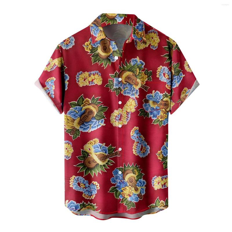 

Men's Casual Shirts Short Sleeve Men Turn-Down Collar Button Hawaiian Shirt Leaf Print Male Blouses Camisas De Hombre, Red