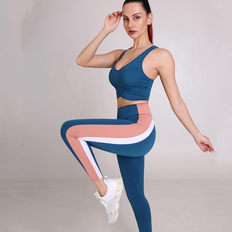 

Active Sets Color Contrast 2pc Set Women Sports Bras Folds Bra Leggings Sportswear For Gym Clothing Yoga Sexy Fitness Suits, Blue