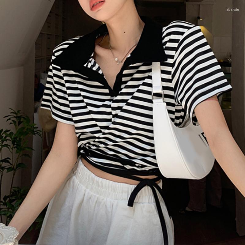 

Women's T Shirts Hong Kong Style Polo Collar Striped Short-sleeved T-shirt Women 2023 Summer All-match Fashion Lace-up Crop Tops, Black