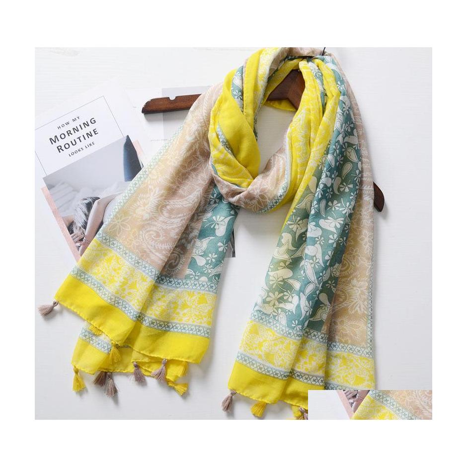 

Scarves Bohemian Fashion Spring Summer Women Slik Scarf Sunsn Cotton And Linen Fleeing Big Gauze Shawls Soft Beach Shawl Paisley Flo Dhhir