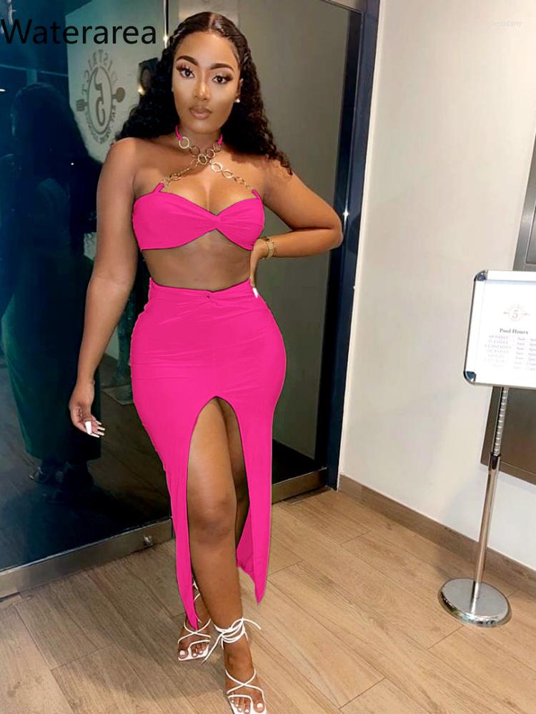 

Work Dresses Waterarea Fashion Gold Chain Bandage Knot Bra With Split Skirt Suit Sexy Solid Party Club Evening Two Piece Set Women, Rose red