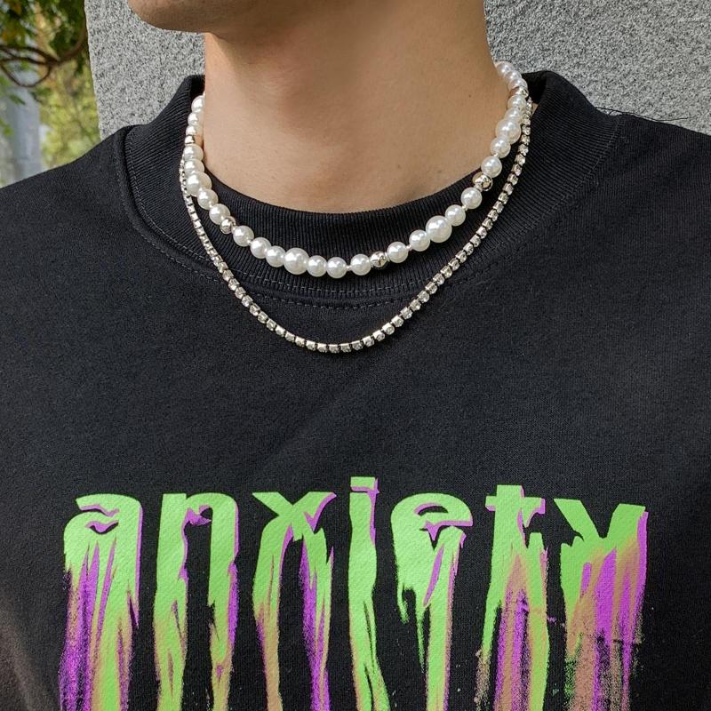 

Choker Layered Pearl/Rhinestone Chain Short Necklace Men White Beads And Shiny Tennis 2023 Fashion Jewelry Collar
