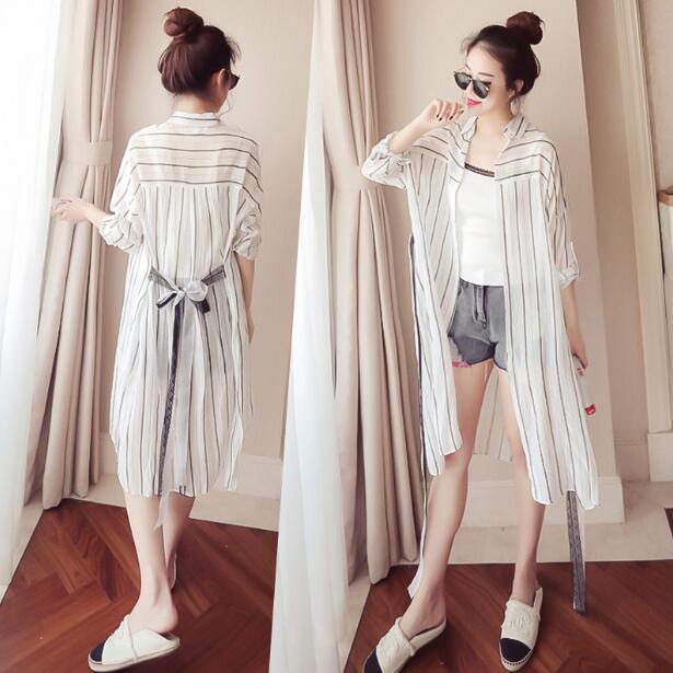 

Women's Blouses & Shirts Women 2023 Summer Fashion Loose Long Striped Female Lace-up Thin Ladies Sunscreen Casual Cardigan Tops E34, Green