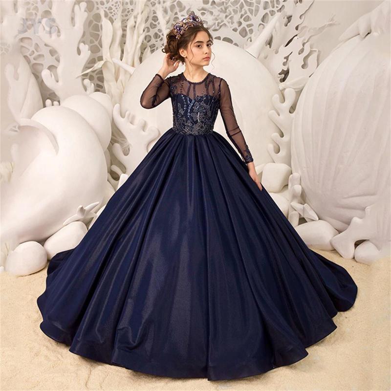 

Girl Dresses JYS Navy Ball Gown Flower Dress Illusion Long Sleeve Beading Applique Sweep Train Princess Party Birthday, All ivory