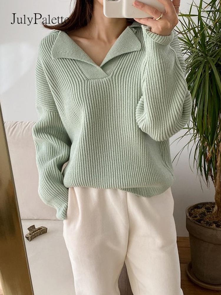 

Women's Sweaters JulyPalette Casual Polo Collar Women's Loose Sweater 2023 Solid Knitted Pullover Long Sleeve Female Knitting Tops, Green