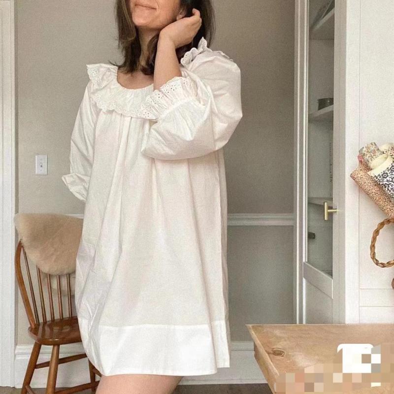 

Casual Dresses Hollow Out Embroidery Women Mini Dress Ruffles Neck Petal Long Sleeve Pure Loose Lady White