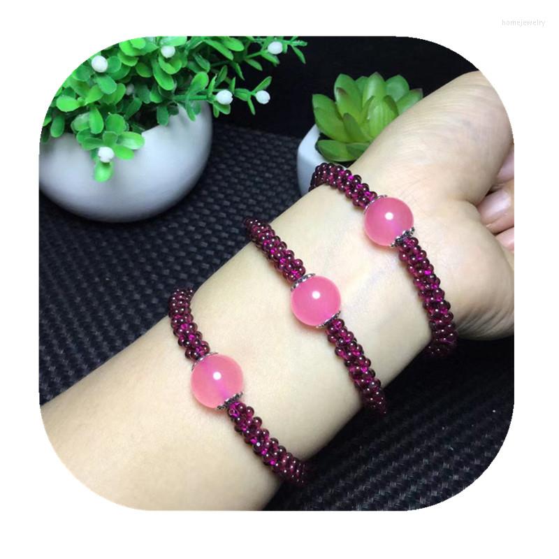 

Strand Natural Stone Pink Chalcedony Charm Bracelets For Women Handmade Garnet Beads String Braided Yoga Jewelry Drop