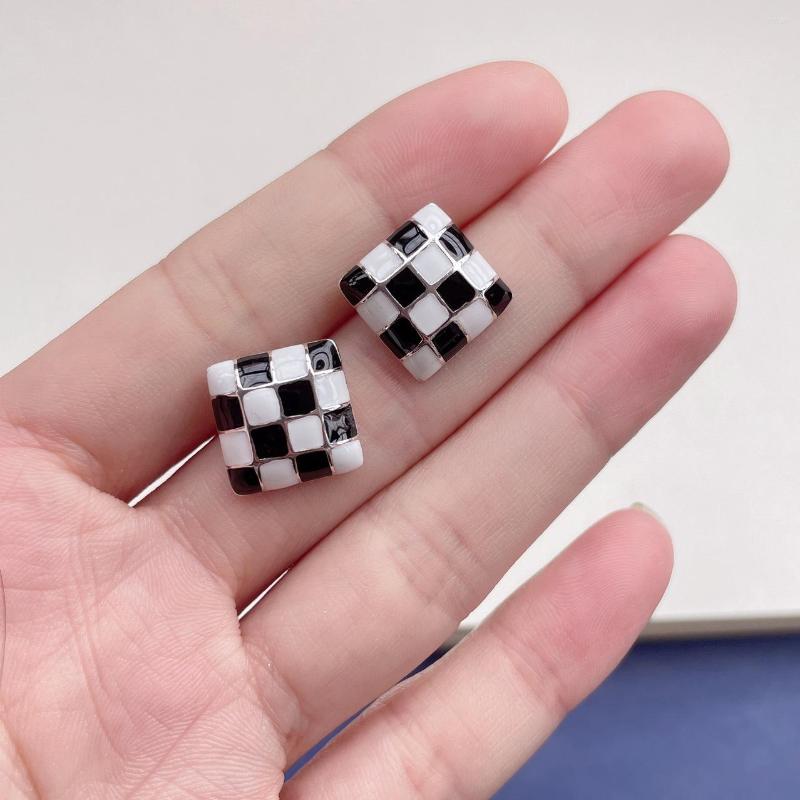 

Stud Earrings Korean 925 Sterling Silver Checkerboard Square Women's Unique Small Piercing Real Jewelry EH061