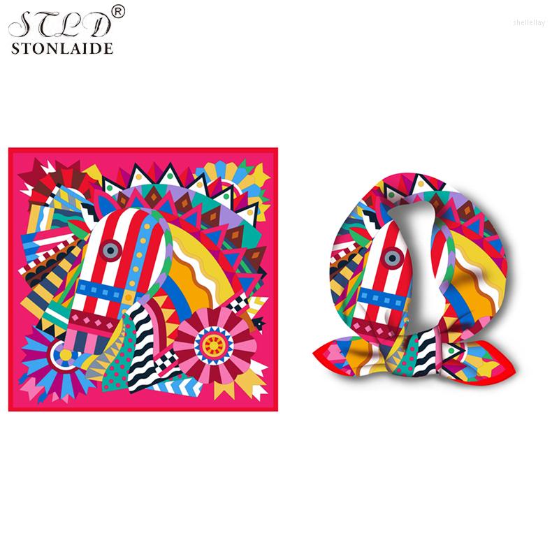 

Scarves European Fashion 2023 Horsehead Colorful Contrast Abstract Women's Imitation Silk Neckerchiefs 53CM Square Ladies Neck Cover