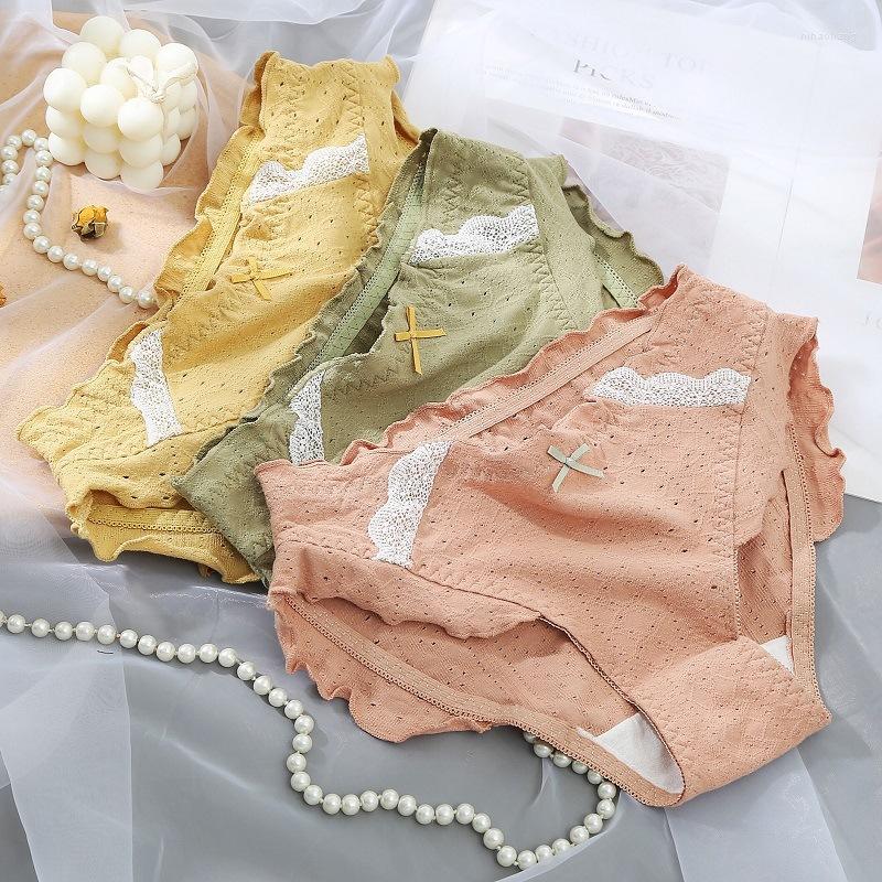 

Women's Panties Women's Cotton Underwear Fashion Edge Mid-waist Girl Shorts Lace Sexy Cute Student Bow Solid Color Briefs, White