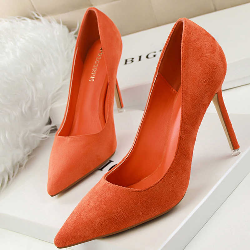 

Dress Shoes 2022 Designer Women 9cm Suede High Heels Prom Pumps Orange Purple Yellow Heels Female Scarpins Valentine Party Shoes Plus Size G230203