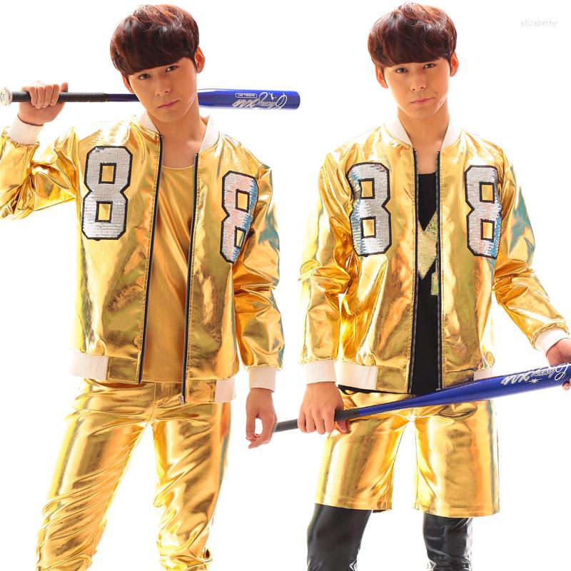 

Men' Jackets (Jacket Pants)Punk Style Male Fashion Gold Leather Motorcycle Jacket Men' Baseball Clothing Set Stage Show Performance, Style a