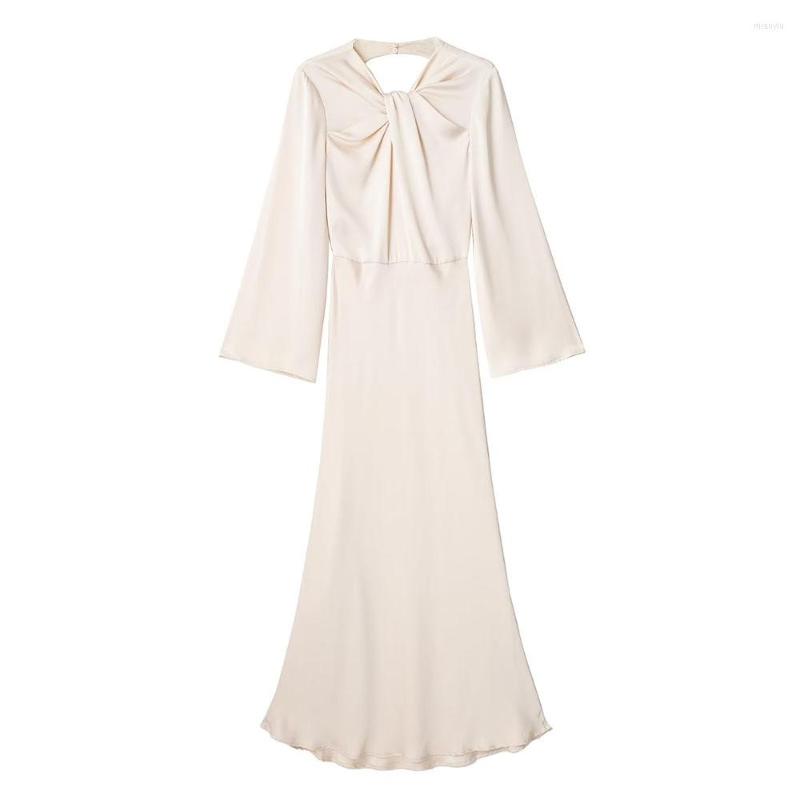 

Casual Dresses Fall Women's Fashion Sexy Sweet Long Sleeve Neckline Knot Decoration Backless Design Silk Satin Midi Dress, Champagne