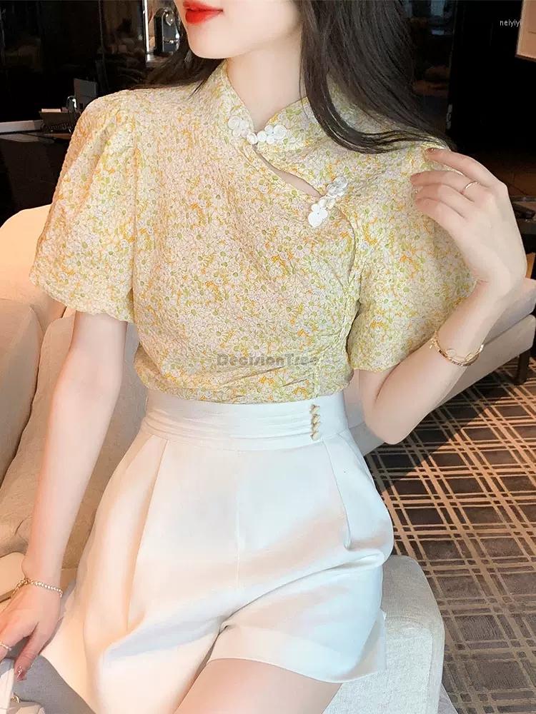 

Ethnic Clothing 2023 Summer Style Retro Fashion Flower Printed Cheongsam Disc Button Short Bubble Sleeves Chiffon Chinese Blouse G496