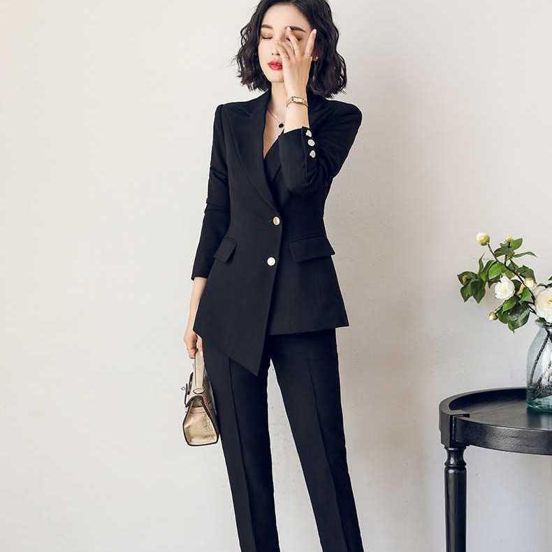 

Women' Two Piece Pants Women Business Elegant Office Solid Single Breasted 2-Piece Set Female Long Sleeves Blazer And High Waist Straight Q, Black