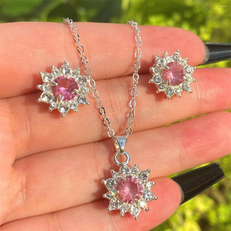 

Necklace Earrings Set ANGLANG Luxury Pink Cubic Zirconia Jewelry Engagement Stud Earring For Bridal Wedding Gift Women, Picture shown